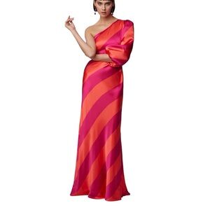 SALONI Revolve Silk Lily maxi length one sleeve stripe gown dress